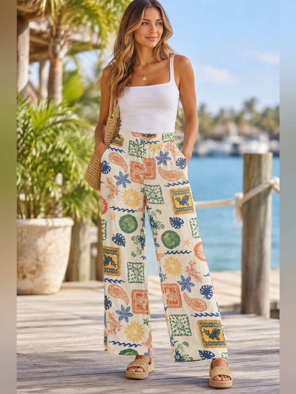 Rachel Zoe Wide Leg High Rise Seaside Pull On Pants Sz Medium Resort Boho Resort